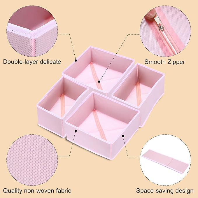 uxcell 1 Set Foldable Cloth Storage Box, 6 Slots Fabric Socks Underwear Drawer Dividers Organizers Baskets Bins for Clothes Socks Scarves Ties, Pink