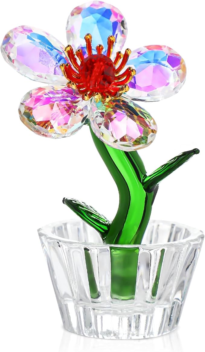 Crystal Peach Blossom Mini Ornament Figurine 2.9 * 1.5in Glass Flower Decoration for Home Office for Mom