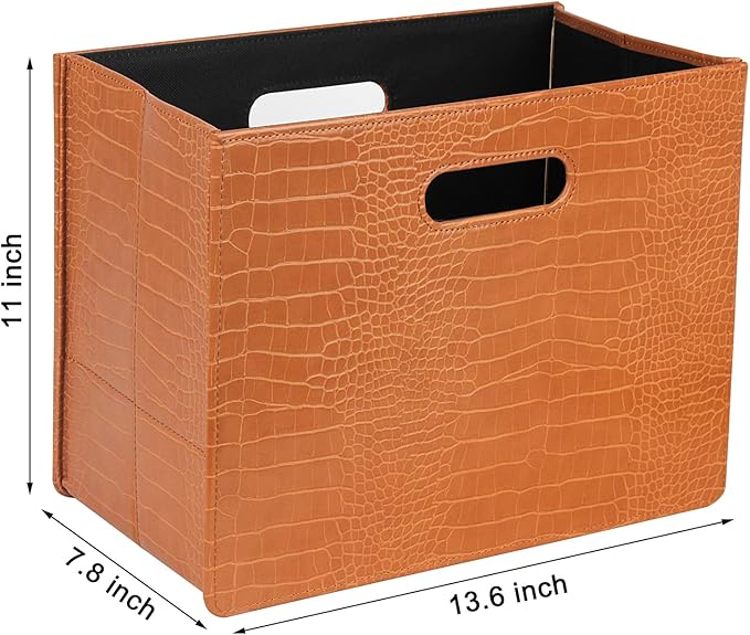 HofferRuffer Magazine Basket Holder, Foldable Magazine Rack, Document File Holder Organizer, File Folder, Newspaper Storage Bin Organizer for Home or Office (Brown Croco)