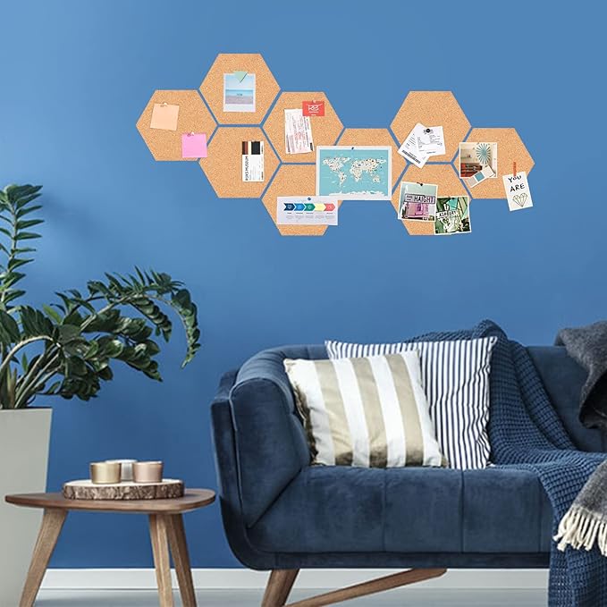 10 Pack Cork Bulletin Board Hexagon - Decorative Display Boards, 1/2" Thick Self-Adhesive Cork Board Tiles for Home Office Decor, School Message Board (10 Pcs)