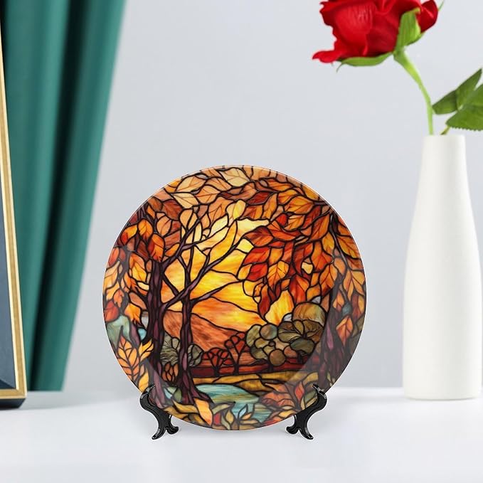 Autumn Decorative Plates, Stained Glass Design Fall Tree Landscape Display Plate for Home Office Kitchen Table Decor Porcelain Plates 7 Inch, Thanksgiving Gifts