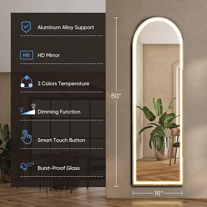 DUMOS Arched LED Mirror Full Length with Stand, 16"x60" Full Body Wall Mirror with LED Lights 3 Color Lighting, Hanging or Leaning, Floor Standing, Modern Simple Home Wall Decor