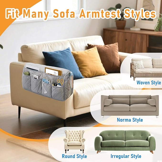 Armchair Caddy, Sofa Armrest Organizer, Non Slip Recliner Organizer, Remote Control Holder for Recliners, Couch Caddy with 14 Pockets Storage for TV Remote, Phone, Magazine (Grey)