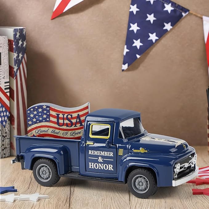 Memorial Day Patriotic Truck Decor, Americana Vintage Pickup Truck Tabletop Decoration, Rustic Farmhouse Tiered Tray Decor for 4th of July Independence Day Home Office