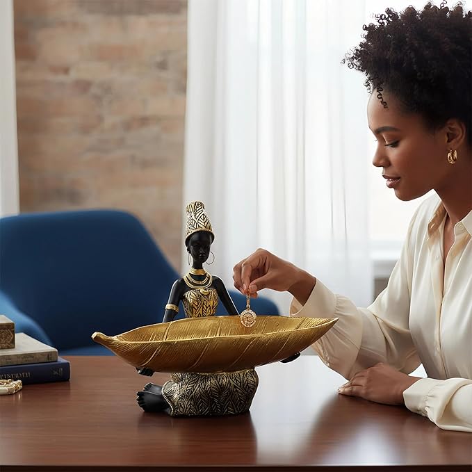 Lescafita African Woman Resin Tray Statue, Gold Leaf Decorative Sculpture, Handmade African Figurine Tray for Jewelry, Keys, Coins, Home Table Centerpiece Decor, Cultural Art Gift