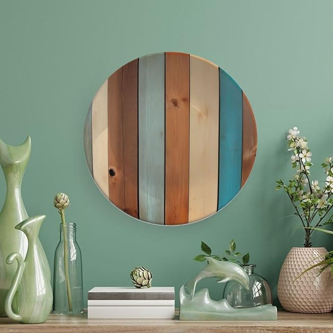 Wooden Board Theme Decorative Ceramic Plate Round Porcelain Plate,10 inch,Vintage Pattern,for Decorative Ornaments Giving Plates,1 Plate with 1 Display Stand,Blue Brown