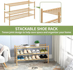 3-Tier Bamboo Long Shoe Rack, Free Standing Wood Shoe Shelf Storage Organizer for Closet Entryway Stackable 35"x11"x20" (Natural)