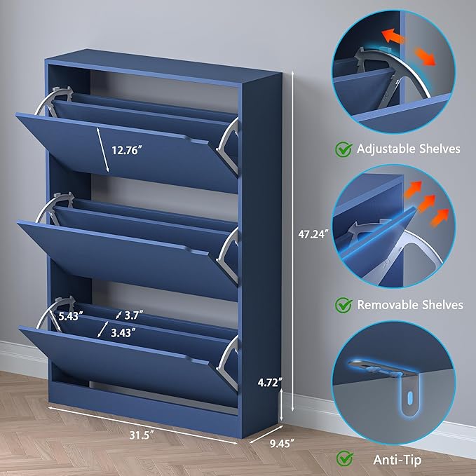 Shoe Cabinet with 3 Flip Drawers, Hidden Wood Shoe Cabinet,Freestanding Shoe Storage Cabinet for Entryway Hallway. 47.2" H*31.5" W*9.45" D