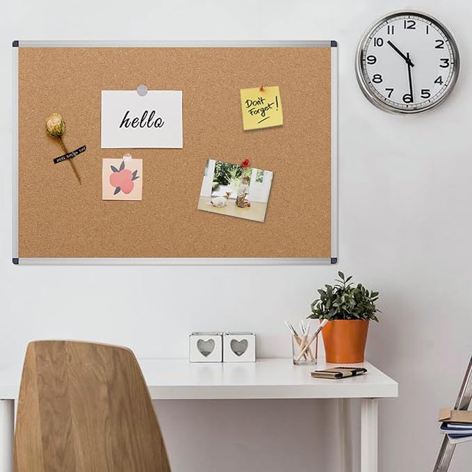 VIZ-PRO Cork Notice Board, 48 X 32 Inches, Cork Bulletin Board with Silver Aluminium Frame