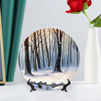 Decorative Plates for Home, Winter Forest in Snow Painting Orange Tray for Table Display, Ceramic Dinner Plate w/Stand, Living Room Dining Room Decor, Housewarming Gifts, 8 Inch