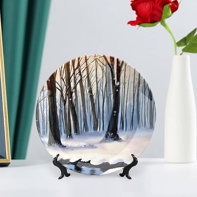Decorative Plates for Home, Winter Forest in Snow Painting Orange Tray for Table Display, Ceramic Dinner Plate w/Stand, Living Room Dining Room Decor, Housewarming Gifts, 8 Inch