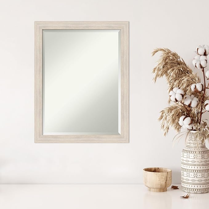 Amanti Art White Wall Mirror 27x21 Hardwood White Wash Narrow Rectangle Bathroom Mirror for Wall Decor Living Room, Medium Country Rustic Wood Frame, Hangs Horizonally and Vertically, Bathroom Decor,