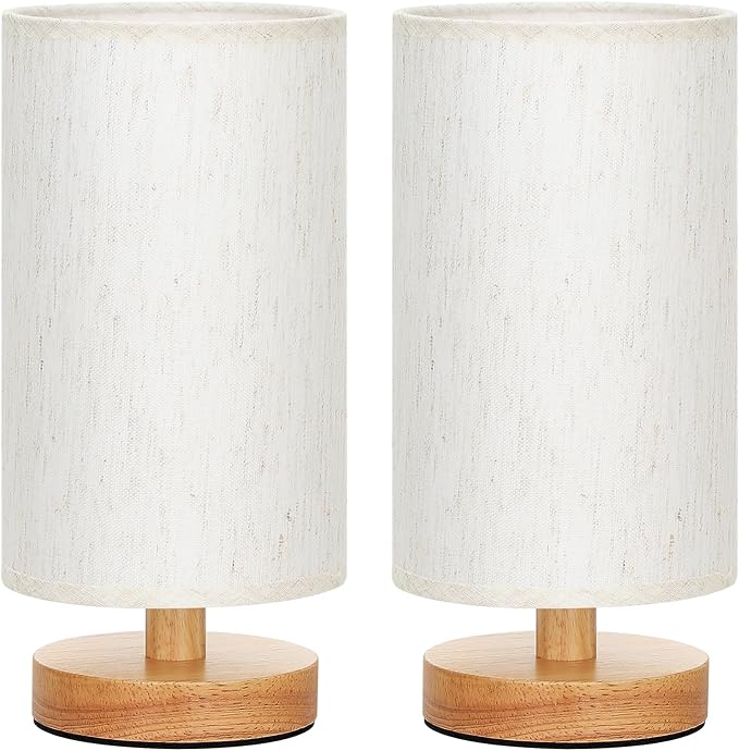 Fenmzee Small Lamps Set of 2 - Inline Control, Bedside Table Lamp for Bedroom with 3000K A15 LED Blub, Easy Assembly (Cream Shade - Wood Base Set of 2, 9" Inline Control)