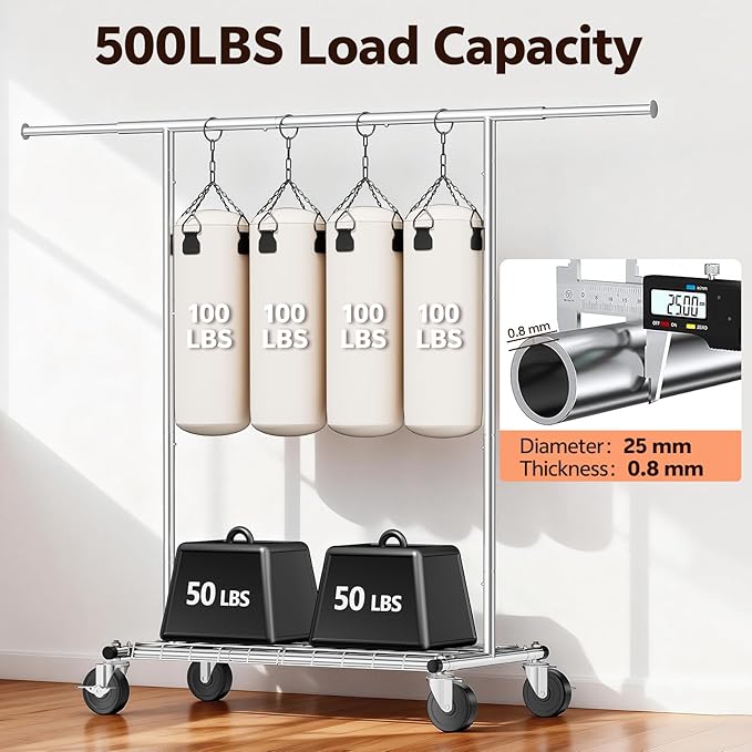 Heavy Duty Clothes Rack - Load 500 LBS, Rolling Clothing Rack for Hanging Clothes with Lockable Wheels & Shelves, Extendable Garment Rack for Bedroom, Laundry, Living Room, Silver