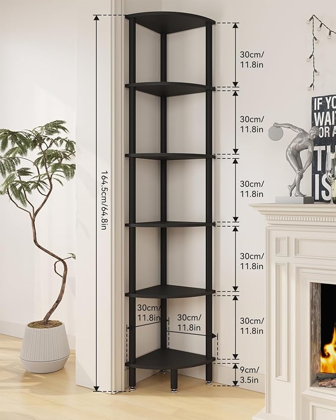 IBUYKE 6 Tier Corner Shelf Stand,Industrial Corner Display Rack,Corner Bookshelf for Living Room, Bedroom, Kitchen, Home Office, Black WBC011B
