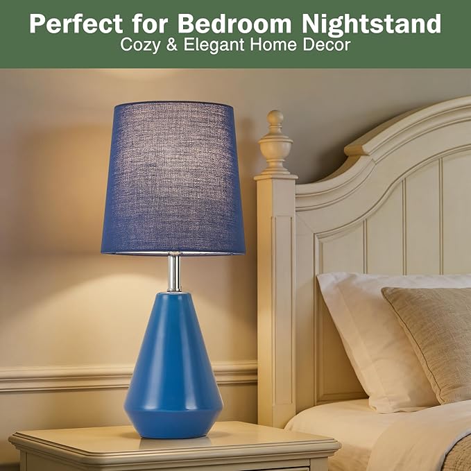 Small Bedside Table Lamp for Bedroom - Reading Desk Lamp with 3 Color Temperatures，15.5" Nightstand Ceramic Lamp with Fabric Shade for Kids Room,Living Room,Dorm,Home Office (Blue)