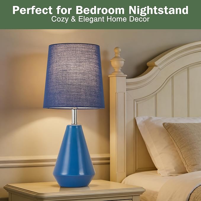 Small Bedside Table Lamp for Bedroom-Reading Desk Lamp Set of 2,with 3 Color Temperatures,15.5" Nightstand Ceramic Lamp with Fabric Shade for Kids Room,Living Room,Dorm,Home Office(Blue)