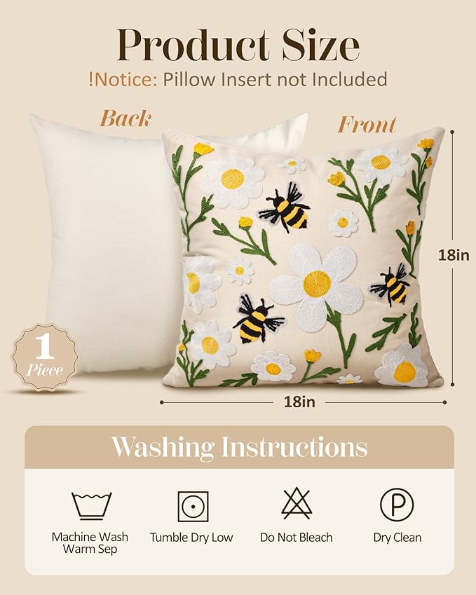 Embroidered Throw Pillow Cover 18x18 Inch - Spring Summer Boho Decorative Pillow Cover with Zipper for Living Room Couch Sofa Bed Aesthetic Design Flower Bee Cushion Pillowcase