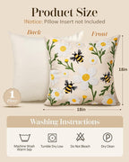 Embroidered Throw Pillow Cover 18x18 Inch - Spring Summer Boho Decorative Pillow Cover with Zipper for Living Room Couch Sofa Bed Aesthetic Design Flower Bee Cushion Pillowcase