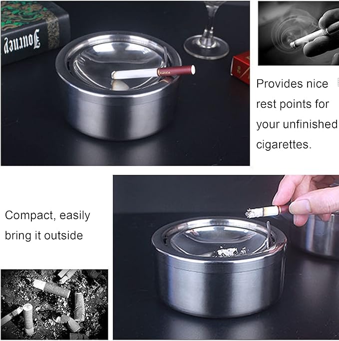 hanlongyu Outdoor Ashtray with Lid, Flip Top Stainless Steel Ash Tray, Metal Windproof Cigarette Ashtrays for Indoor or Outdoor Use, Desktop Smoking Ashtray Office Patio Home Decor