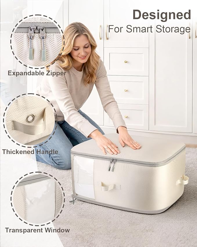 Comforter Storage Bag - 3-Layer Self Compression Organizer, 2-Pack Closet Organizers and Storage, Under Bed Space Saver, Blanket Organizer for Bedding, Pillow, Sheet, Clothes, Nursery Use