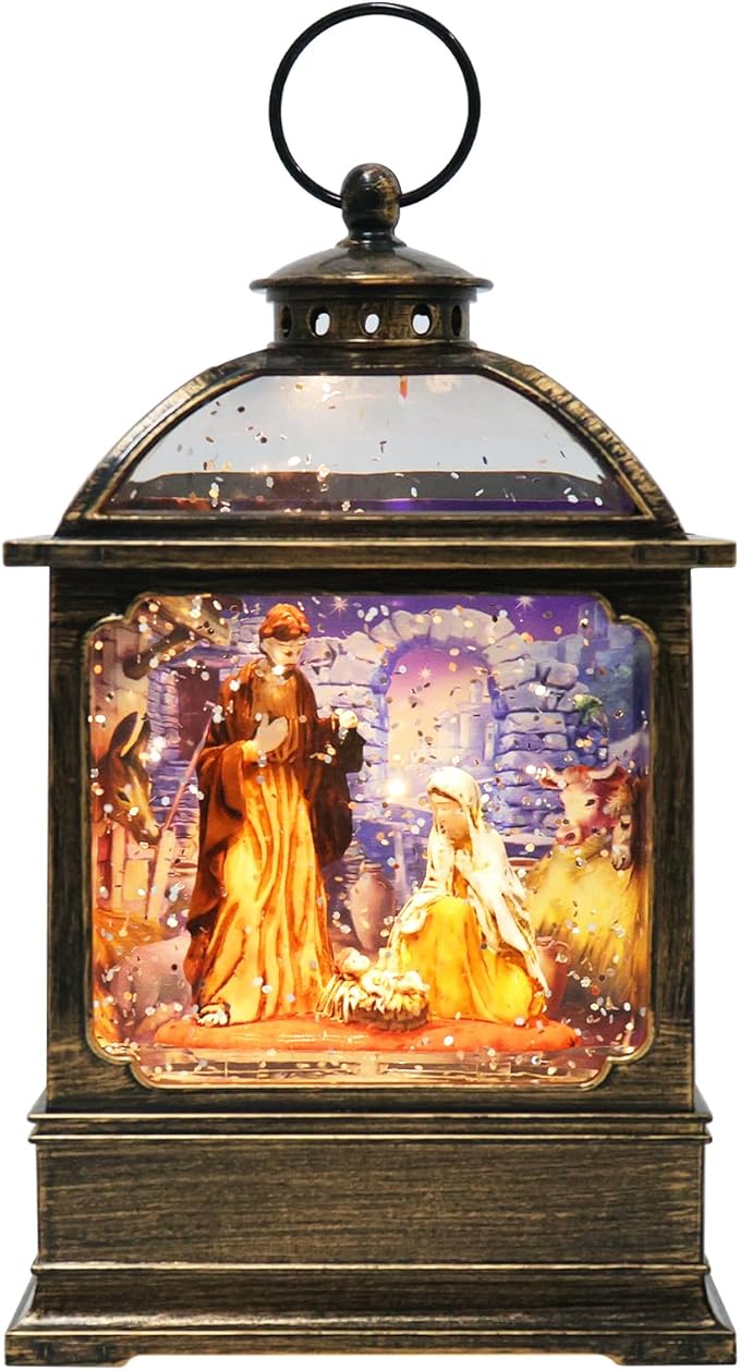 Christmas Snow Globe Lantern with Nativity Music Songs & 6H Timer Water Snow Globe Lantern USB & Battery Operated for Christmas Festival Decorations Gifts (Nativity)