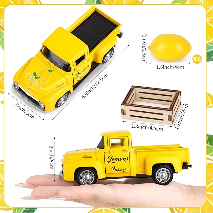 Lemon Truck Decor Vintage Metal Truck Tiered Tray Decor Lemon Party Decorations Summer Farmhouse Yellow Car with Mini Fake Lemons for Home Kitchen Tabletop Centerpiece Supplies