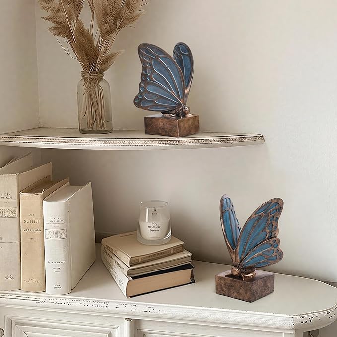 Vintage Blue Butterfly Bookends,Resin Book Ends for Shelves,Heavy Duty Decorative Bookends,Creative Book Stopper Holder Decor for Desk Home Office,Shelf Decoration,Gifts for Mother's Day