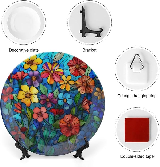 Stained Glass Theme Decorative Ceramic Plate Round Porcelain Plate,8 inch,Colorful Flowers Pattern,for Decorative Ornaments Giving Plates, 1 Plate with 1 Display Stand,Multicolor