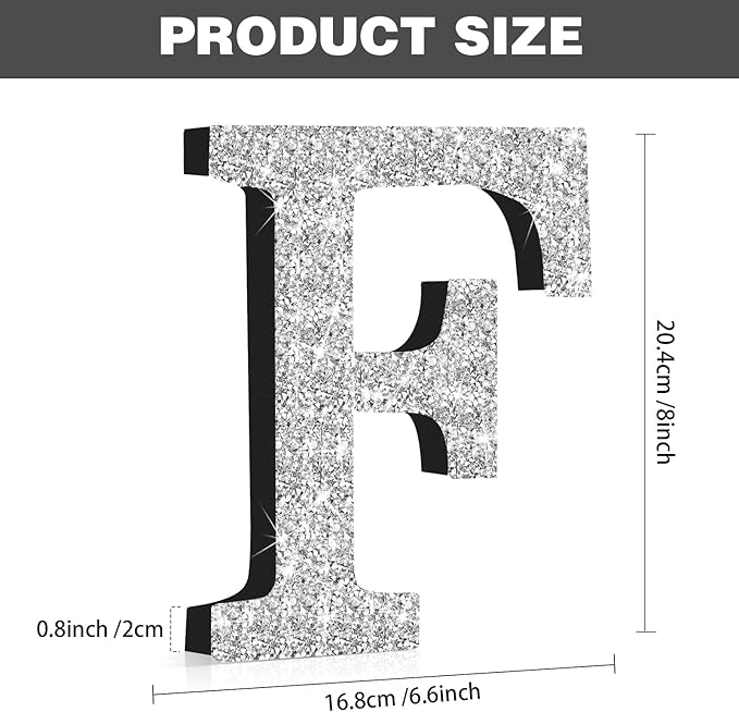 Qunclay 8'' Silver Crystal Diamond Bling Letters Crushed Diamond Decoration Wooden Glitter Letter with Screw and Hooks Rhinestone Gift for Wedding Y2k Mcbling Bedroom Wall Decor (Letter F)