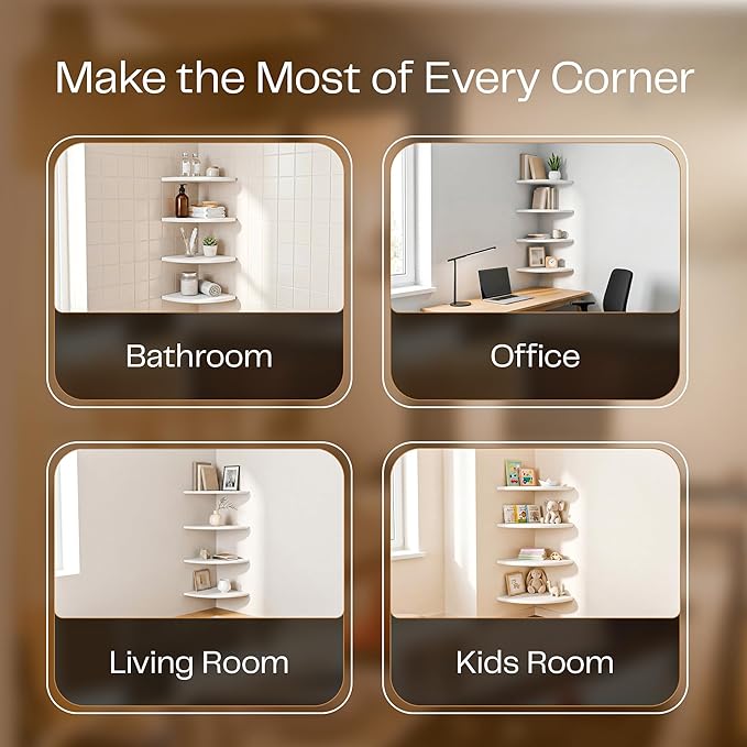 White Corner Floating Shelves for Wall Set of 4, Rounded Wood Wall Mounted Corner Shelf with Hardware, Space Saving Decorative Storage for Kids Room, Bathroom, Living Room, Office
