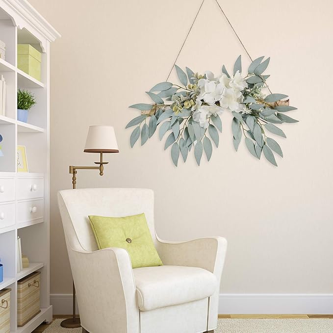 Artificial Flower Swag, 11.8in Eucalyptus Swags with White Flowers Handmade Greenery Hanging Decoration Swag for Wedding Arch Home Decor, Green, 210320XU03-7852-1500036402
