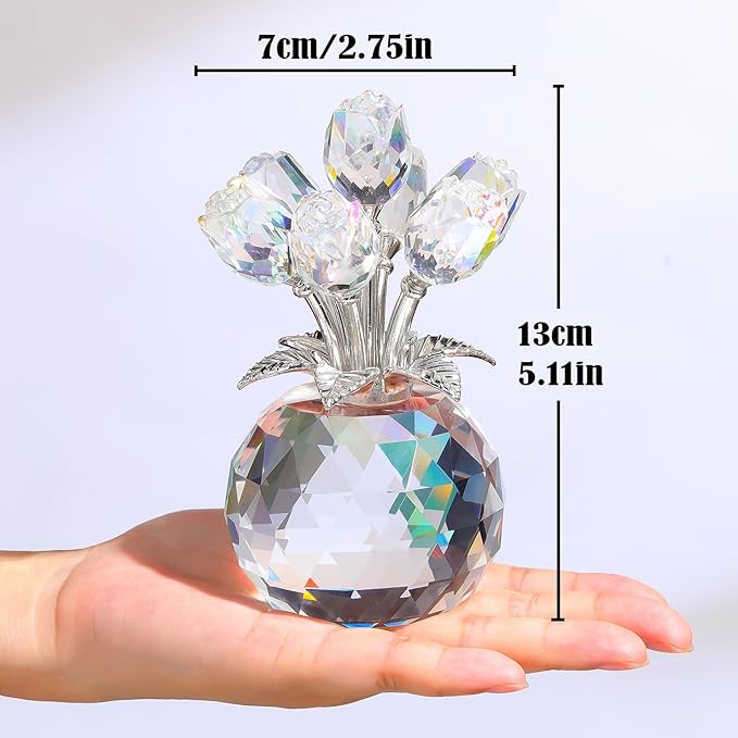 Arikyrist Crystal Clear Rose Bouquet Figurine with Round Vase, Glass Rose Flower Romantic Gifts for Women Mom on Birthday, Collectible Decoration Table Centerpiece for Home