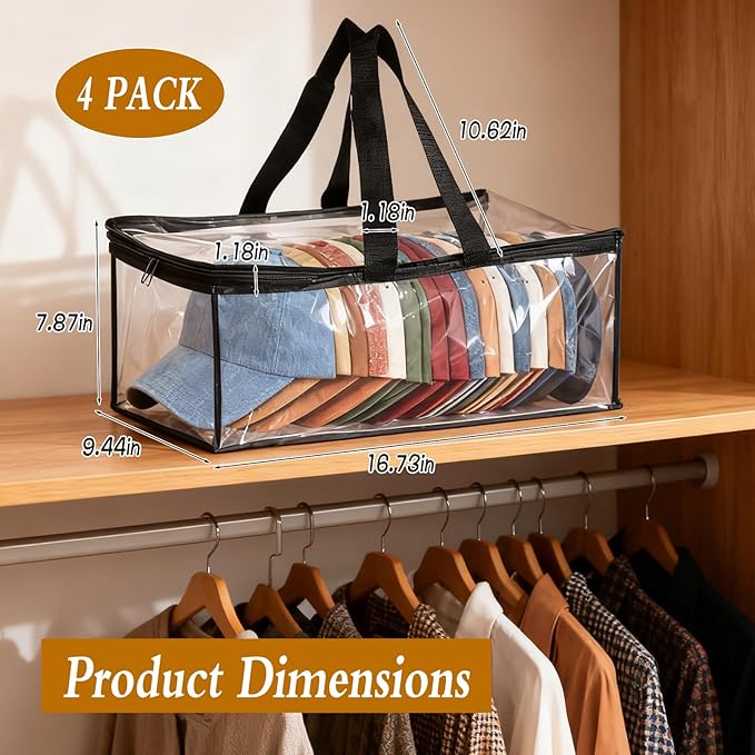 4 Pcs Hat Storage for Baseball Caps, All Clear Hat Organizer for Baseball Caps with 2 Sturdy Handles Stackable Hat Bags Holds Up to 48 Hats, Foldable for Home and Travel