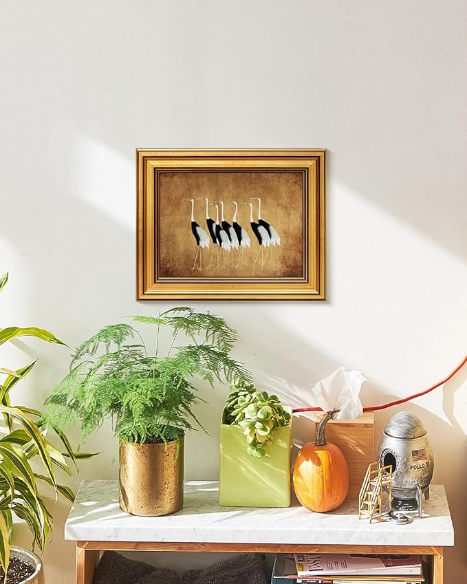 VIYYIEA Vintage Gold Framed Wall Art for Living Room, Cranes Canvas Prints Home Decor, Oil Painting Picture, Bedroom Wall Decor Gifts for Friends or Family -【Seven Cranes】-(10L x 8W)