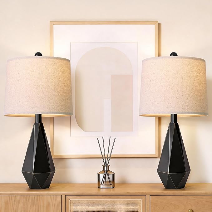 PoKat Table Lamps Set of 2 for Bedroom, 23.5'' High Farmhouse Nightstand Lamps for Living Room, Modern Bedside Lamps with Linen Shade for Office Sideboard Hallway Gift (Matte Black)