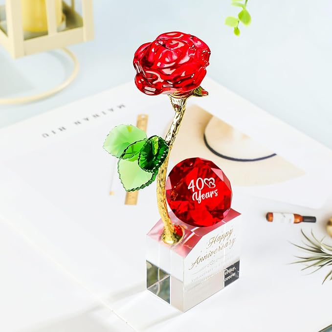 YWHL 40th Wedding Anniversary Rose Gifts for Parents, 40 Years Happy Anniversary Ruby Wedding Gift for Couples, Crystal Rose Figurine with Red Diamond, Romantic Valentines Day Present for Wife
