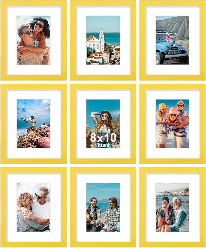 Vittanly 8x10 Picture Frames Set of 9, Shatter Resistant Plexiglass, Display 5x7 Pictures with Mat or 8x10 without Mat, Photo Frames for Wall or Tabletop, Engineered Wood, Yellow