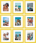 Vittanly 8x10 Picture Frames Set of 9, Shatter Resistant Plexiglass, Display 5x7 Pictures with Mat or 8x10 without Mat, Photo Frames for Wall or Tabletop, Engineered Wood, Yellow