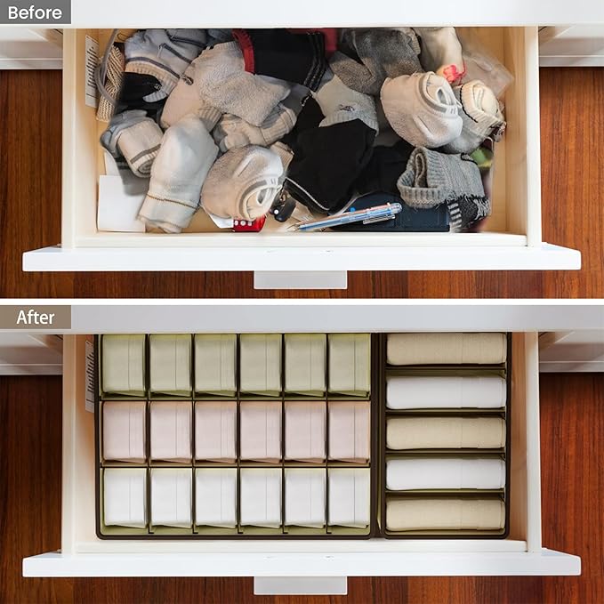 Drawer Organizer for Clothes Set, 4 Pack Foldable Dresser Closet Dividers (6/8/7/24-Cell), Non-Woven Underwear & Sock Drawer Organizer, Bra/Tie/Belt Storage Bins (Beige)