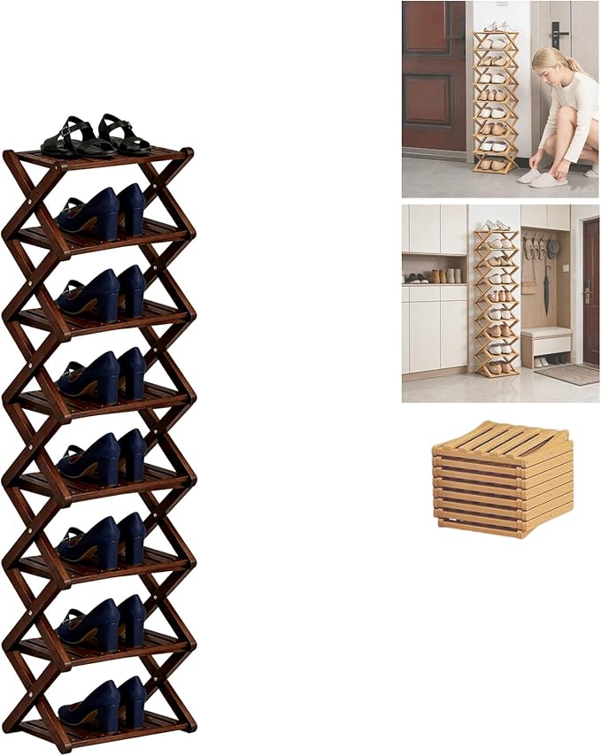2/3/4/5/6/7/8/9 Tier Bamboo Shoe Rack - Foldable,No Installation Needed,Space-Saving Multi-Tier Storage for Indoor & Balcony Use (Brown,8 Layers)
