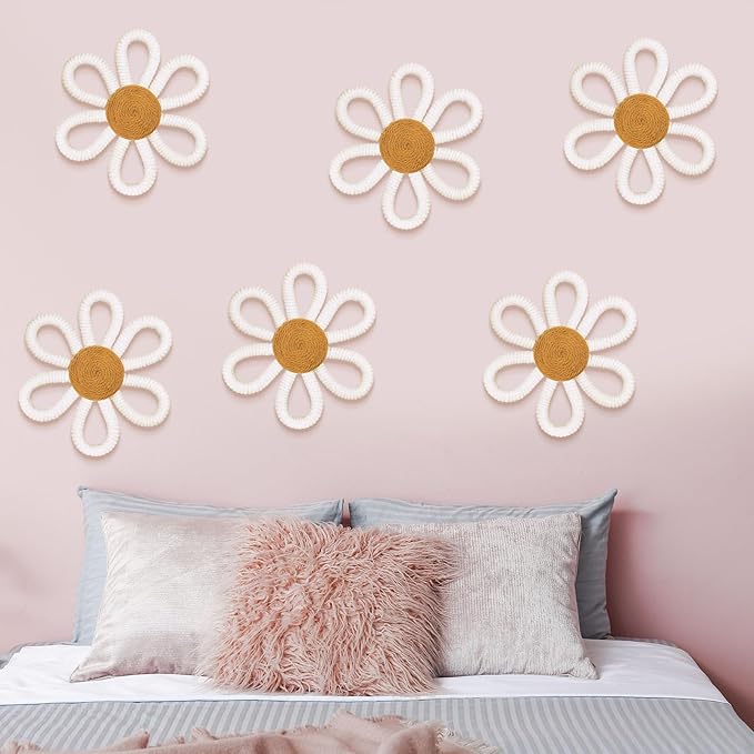 Zeyune 6 Pcs Boho Nursery Daisy Flower Wall Art Decor Woven Macrame Wall Pediments Boho Daisy Floral Nursery Art Decor for Home Bedroom Decorations(White,Yarn and Cotton Rope)