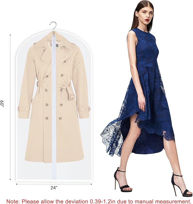 60Inch Garment Bags for Hanging Clothes, Dress Cover Bags for Gowns Long Clothes Cover Translucent Coat Covers for Closet with Zipper for Suits Dresses Dust Bag Clothing Bags 6 Pack
