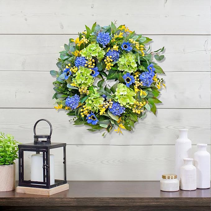 Spring Wreaths for Front Door 24 Inch Summer Wreath with Lifelike Blue Hydrangea Gerbera and Daisy, Wreath Decor for Indoor or Outdoor Spring and Summer Wreaths for Front Door Outside