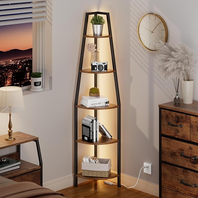 Furnulem 5 Tier Corner Shelf with LED Light, 67.2” Tall Standing Shelf for Wall Corner, Narrow Bookshelf Ladder Shelf for Bedroom, Living Room, Plant, Wood Storage Rack, Metal Frame (Rustic Brown)