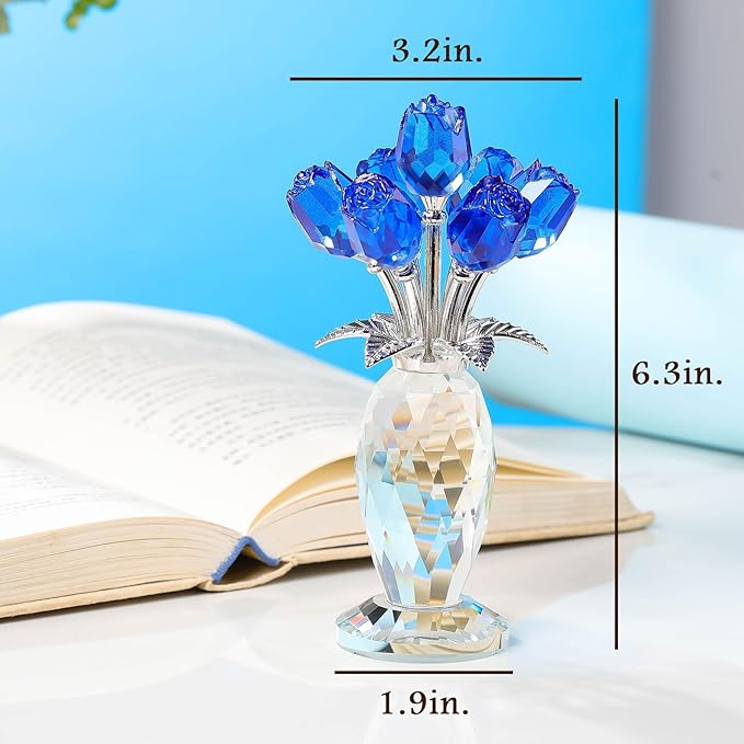 Movdyka Blue Rose Crystal Flower Figurine with Vase Glass Rose Gifts for Women Wife Girlfriend Mom Collectible Home Table Decor for Mother's Day Birthday Wedding Anniversary