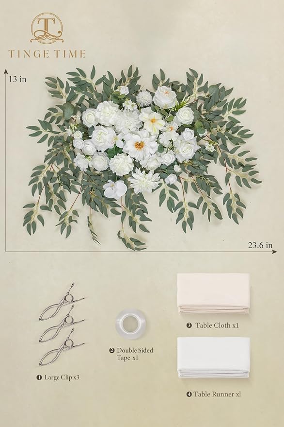 TINGE TIME Artificial Sweetheart Flower Swag with Table Cloth and Table Runner, Pack of 3 Floral Arrangement for Wedding Sweetheart Desktop Centerpiece Decoration Valentine's Day (IvoryWhite)