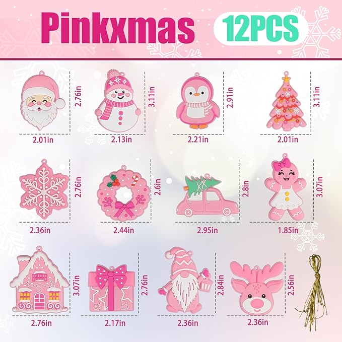 Pink Christmas Ornaments for Tree Decorations–12pcs PVC Pastel Pink Ornaments for Christmas Tree Decor