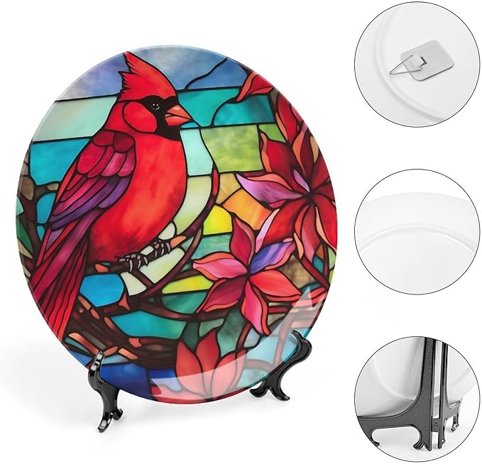 Decorative Plates, Cardinal Bird Stained Glass Design Display Plate for Home Office Kitchen Table Decor Porcelain Plates 7 Inch, Gifts for Loss of Loved