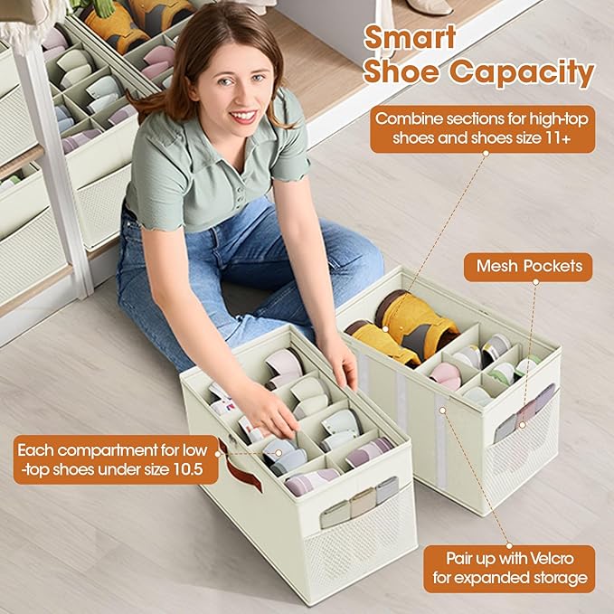 Shoe Organizer for Closet, 2-Pack Foldable Shoe Storage Box with Adjustable Dividers & Clear Cover, Fits 16 Pairs, Beige, Durable and Space-Saving